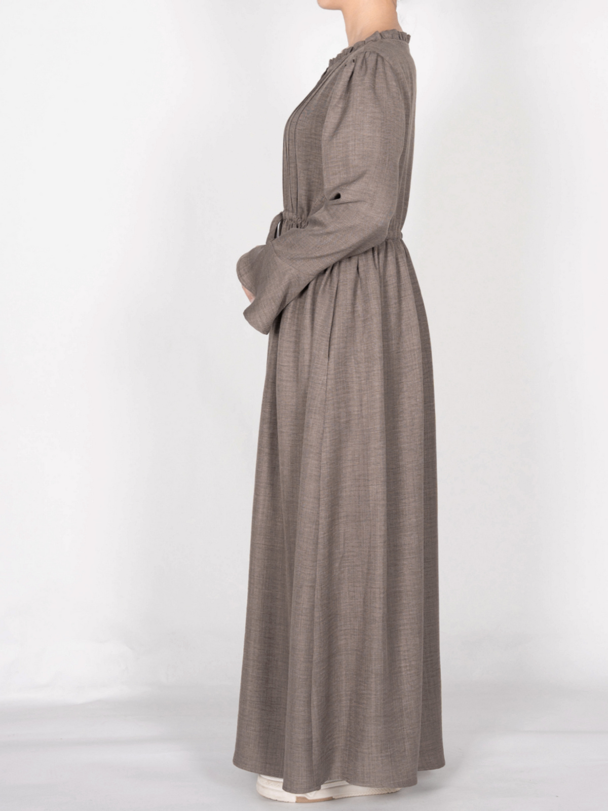 FUMIDAR Leena Drawstring-Waist Maxi Dress in Taupe — view 5