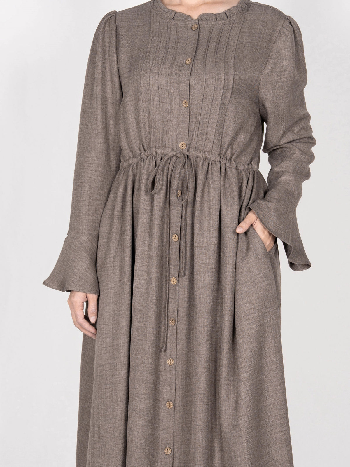 FUMIDAR Leena Drawstring-Waist Maxi Dress in Taupe — view 7