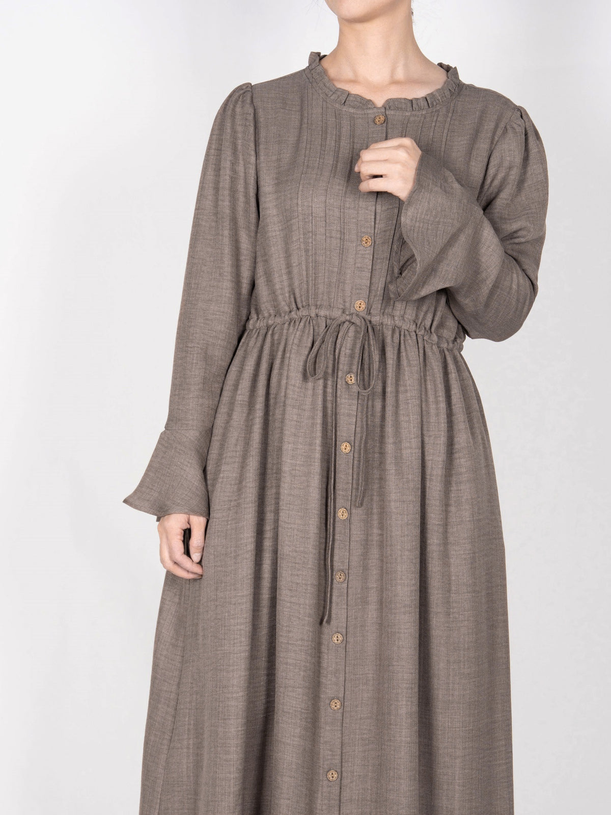 FUMIDAR Leena Drawstring-Waist Maxi Dress in Taupe — view 8