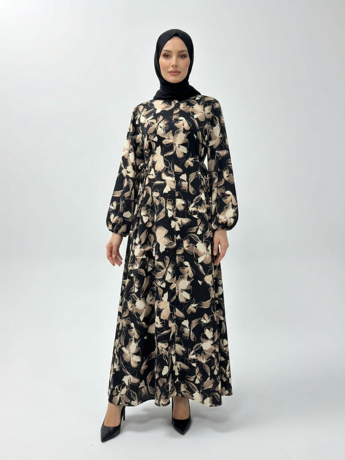 FUMIDAR Rania Printed Belted Maxi Dress in Gold Botanical — view 1
