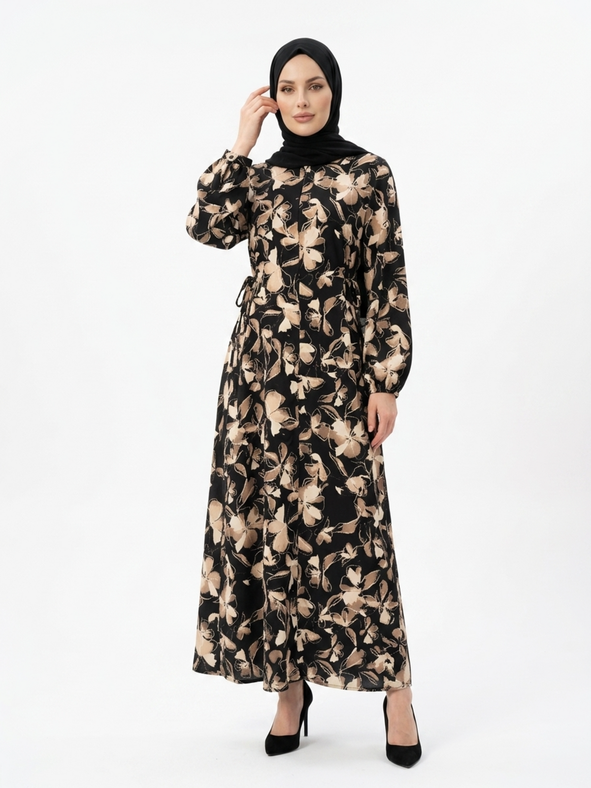 FUMIDAR Rania Printed Belted Maxi Dress in Gold Botanical — view 4