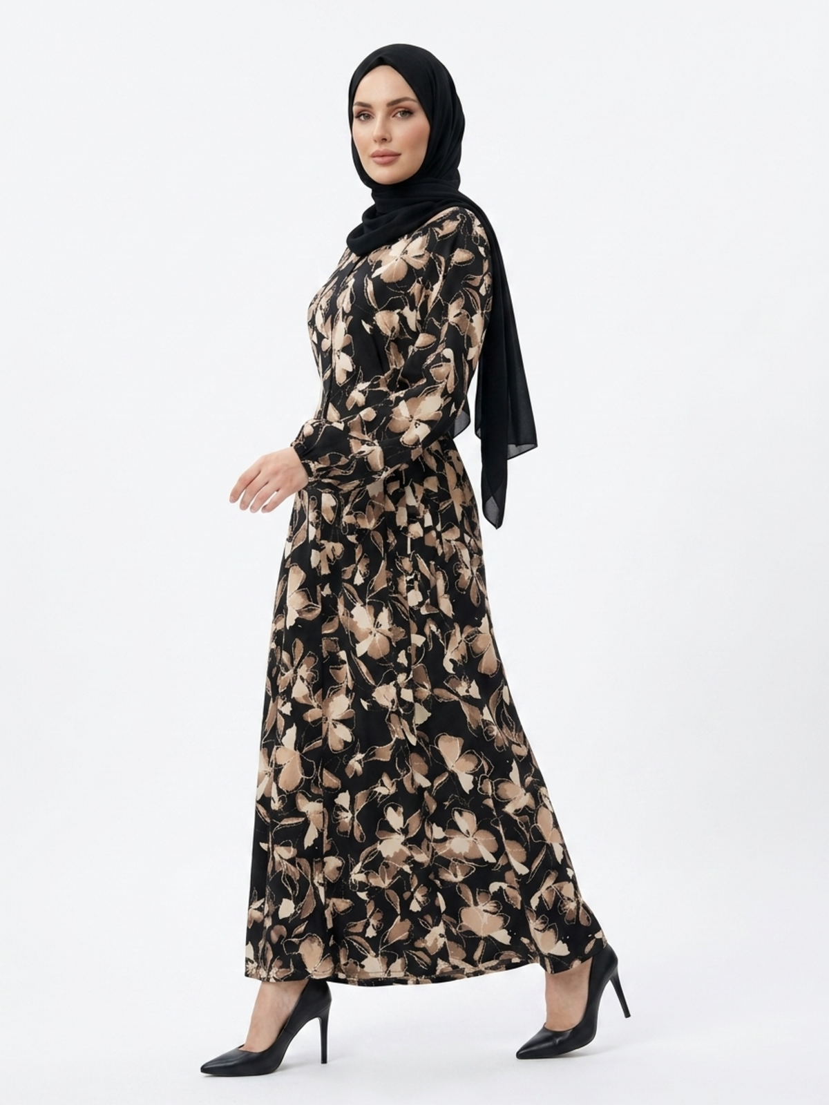 FUMIDAR Rania Printed Belted Maxi Dress in Gold Botanical — view 5