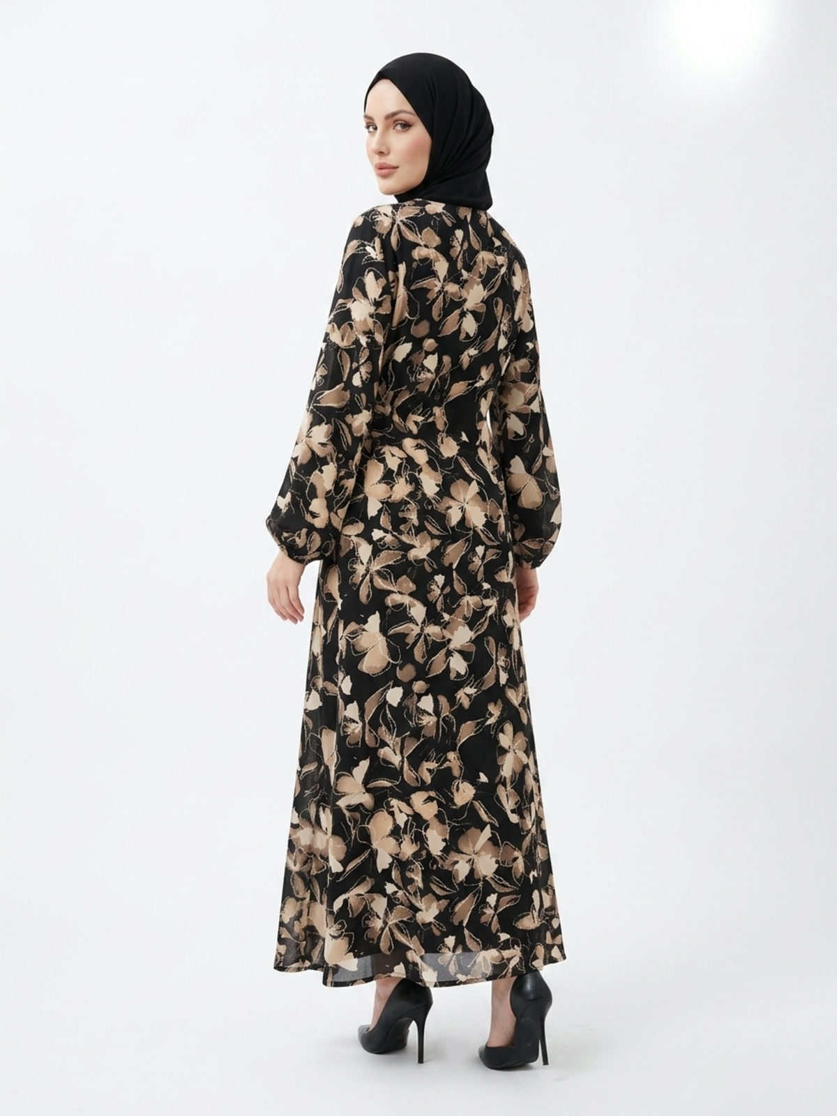 FUMIDAR Rania Printed Belted Maxi Dress in Gold Botanical — view 6