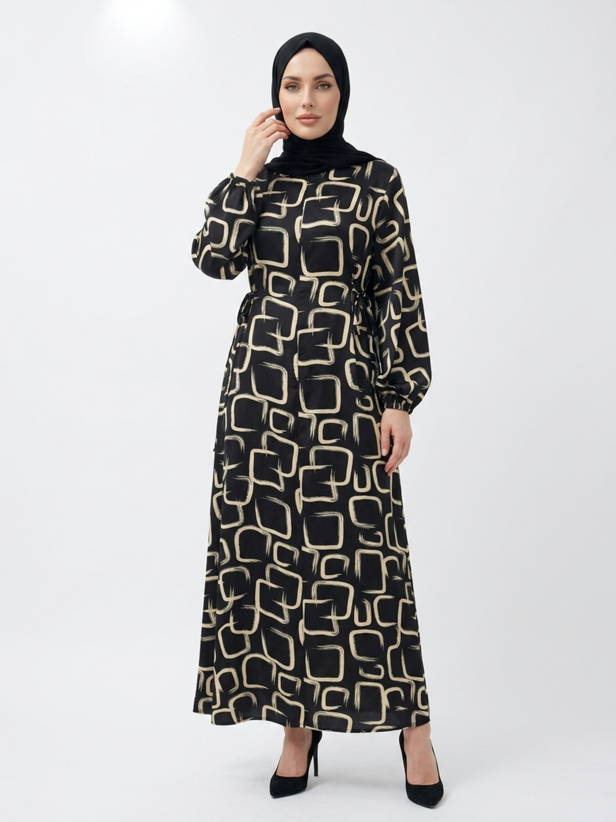 FUMIDAR Rania Printed Belted Maxi Dress in Gold Geometric — view 1