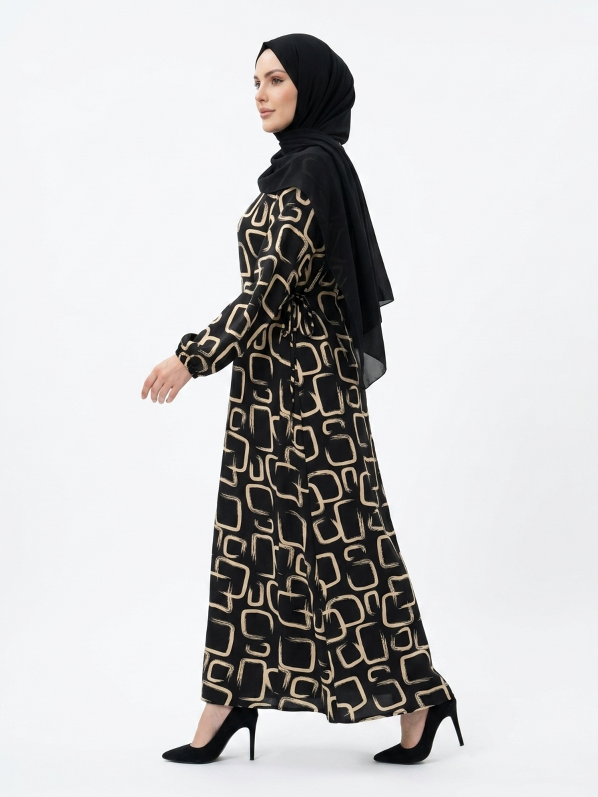 FUMIDAR Rania Printed Belted Maxi Dress in Gold Geometric — view 2