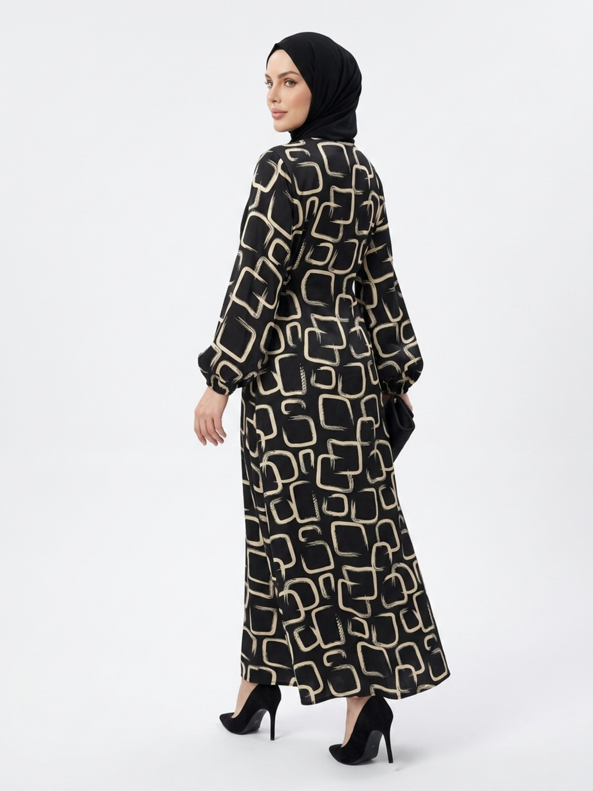 FUMIDAR Rania Printed Belted Maxi Dress in Gold Geometric — view 3