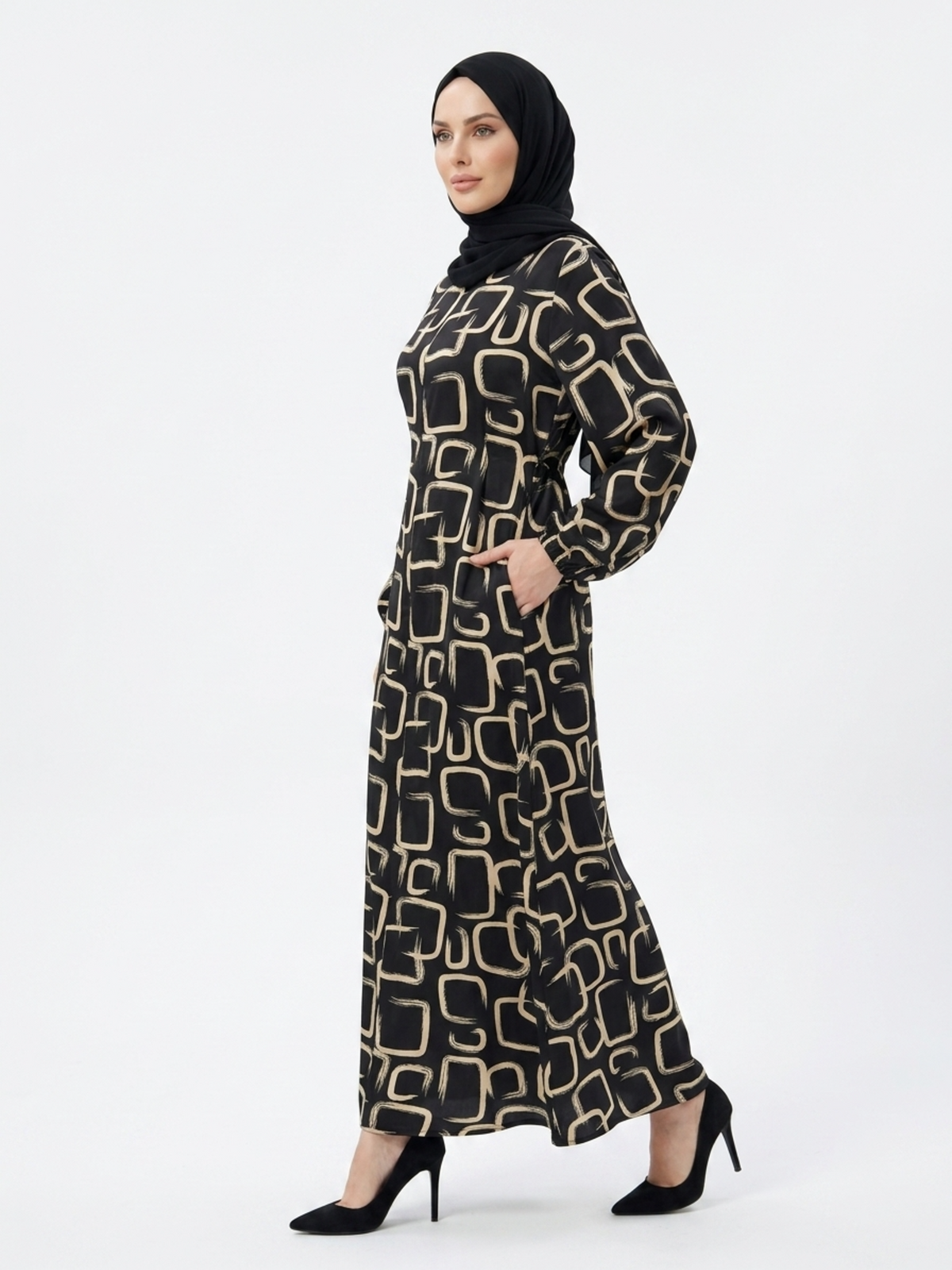 FUMIDAR Rania Printed Belted Maxi Dress in Gold Geometric — view 5