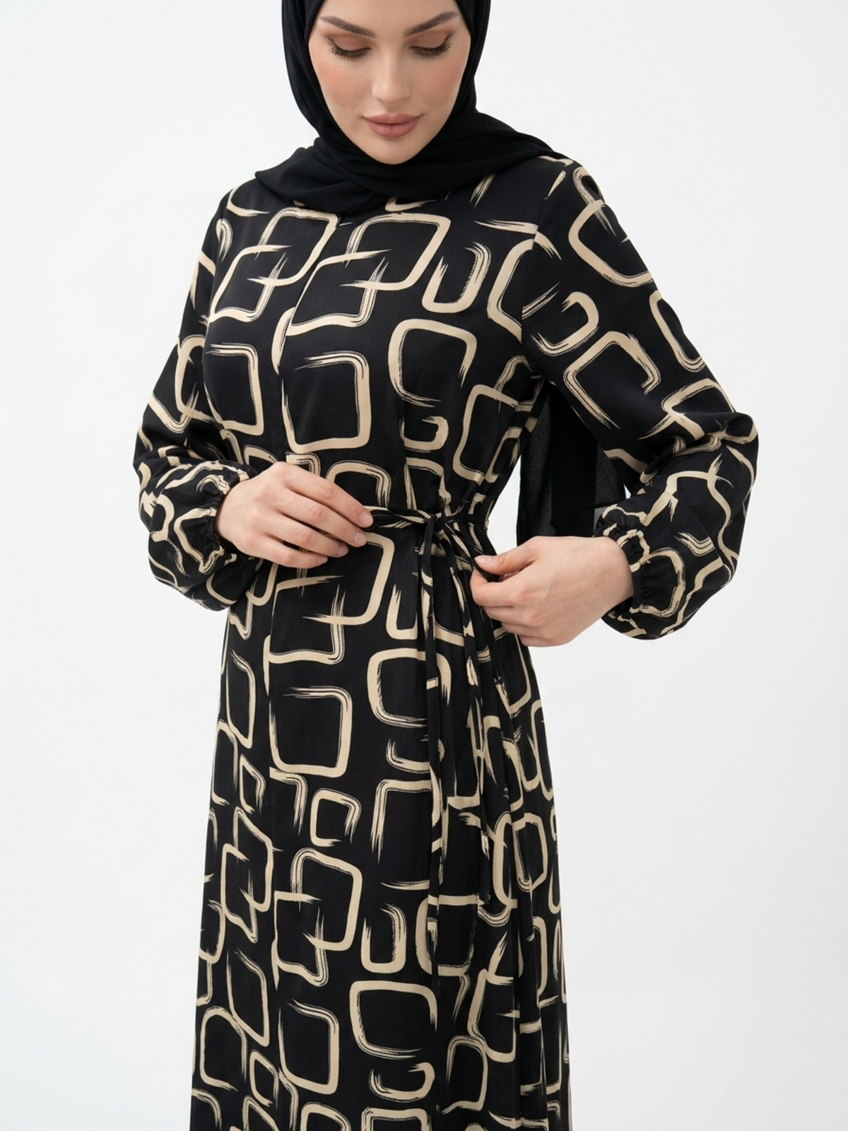 FUMIDAR Rania Printed Belted Maxi Dress in Gold Geometric — view 7