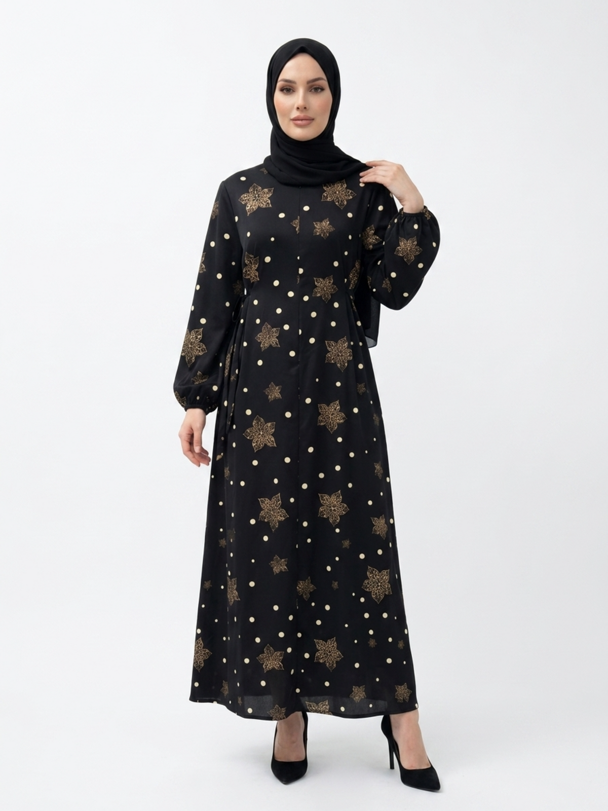 FUMIDAR Rania Printed Belted Maxi Dress in Gold Star — view 1