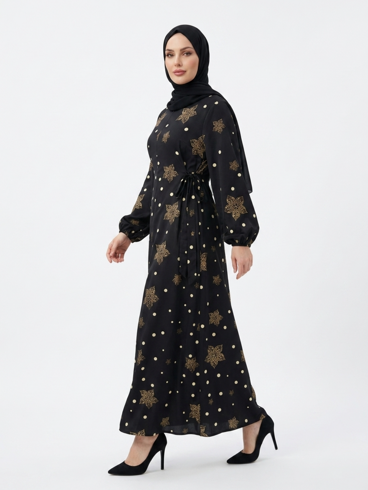 FUMIDAR Rania Printed Belted Maxi Dress in Gold Star — view 2