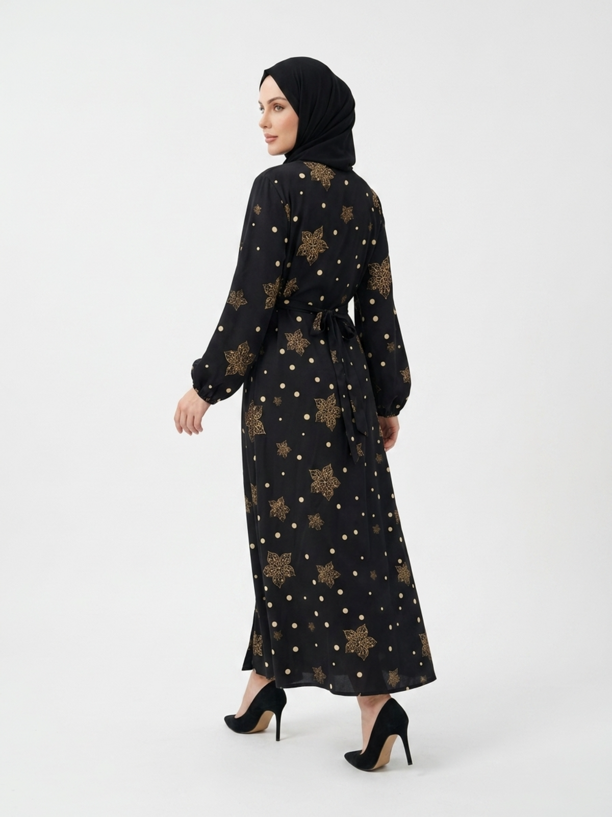 FUMIDAR Rania Printed Belted Maxi Dress in Gold Star — view 3