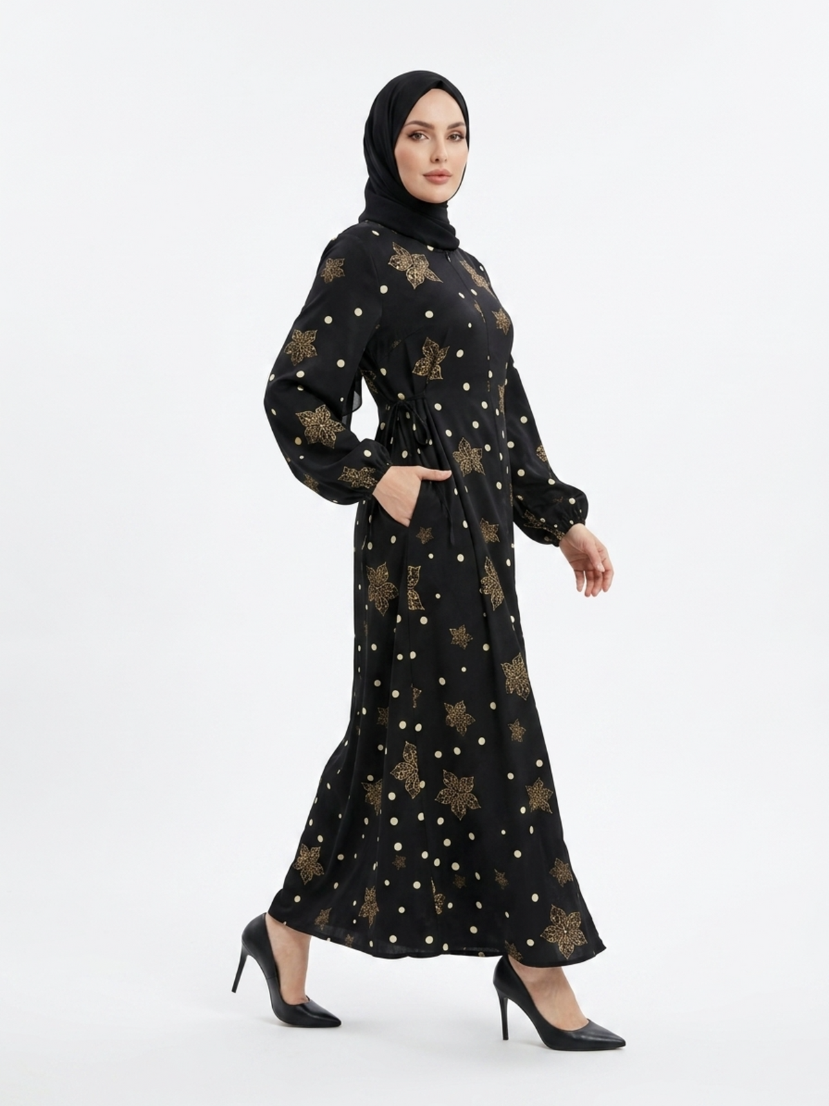 FUMIDAR Rania Printed Belted Maxi Dress in Gold Star — view 5