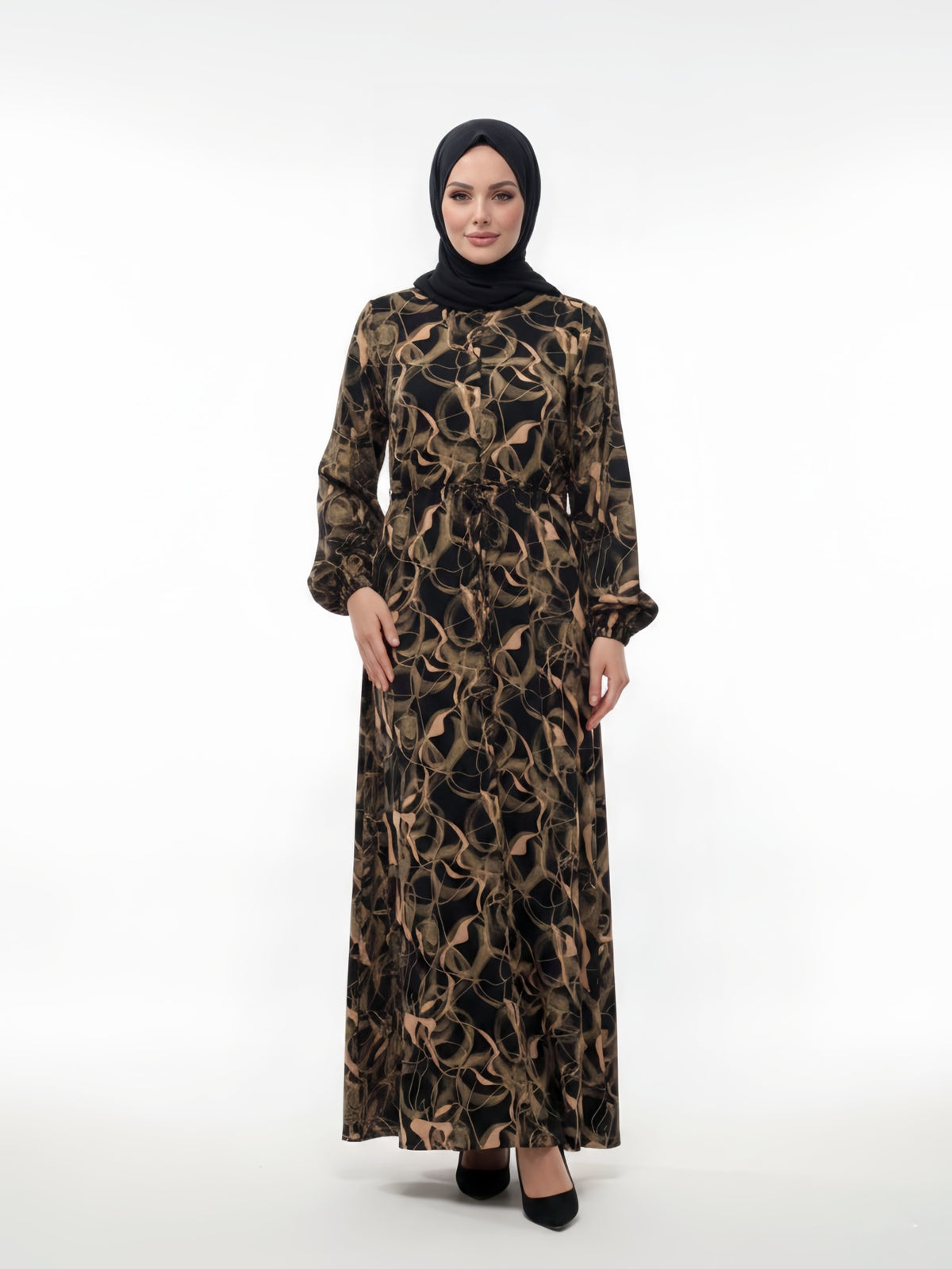 FUMIDAR Rania Printed Belted Maxi Dress in Gold Swirl — view 1