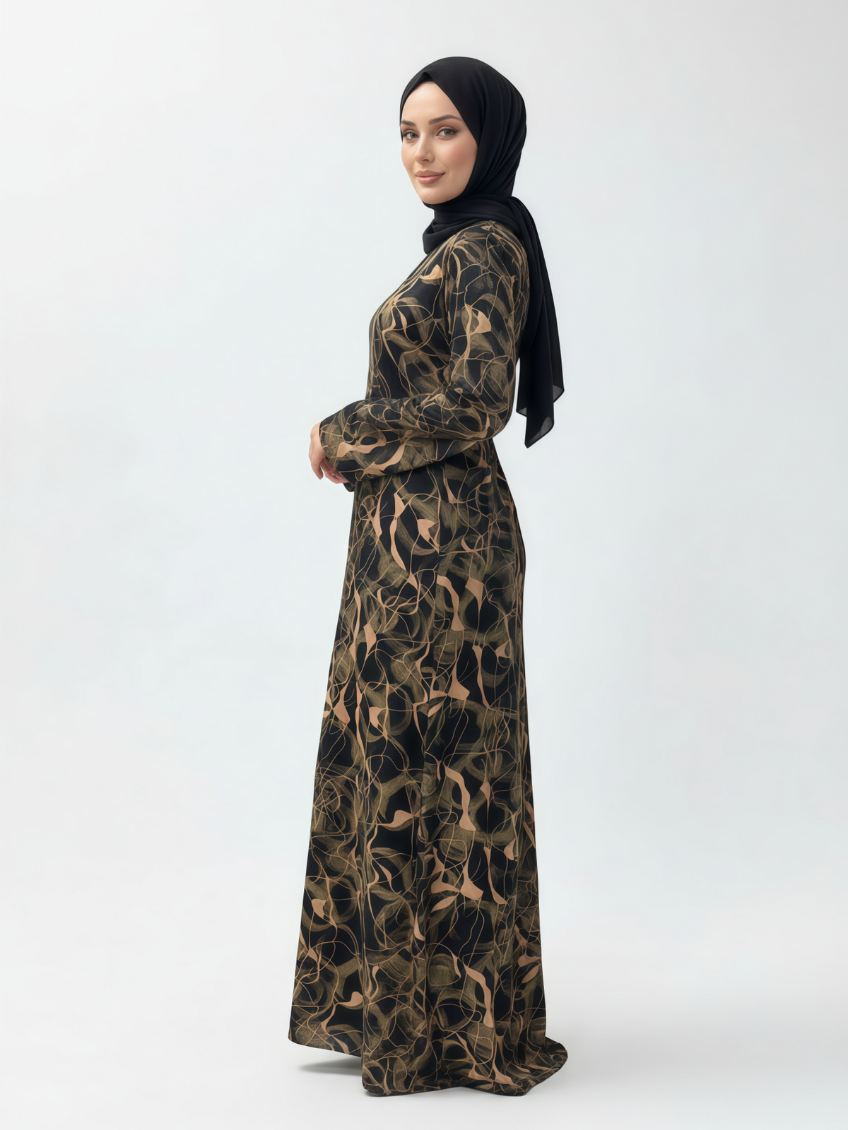 FUMIDAR Rania Printed Belted Maxi Dress in Gold Swirl — view 2