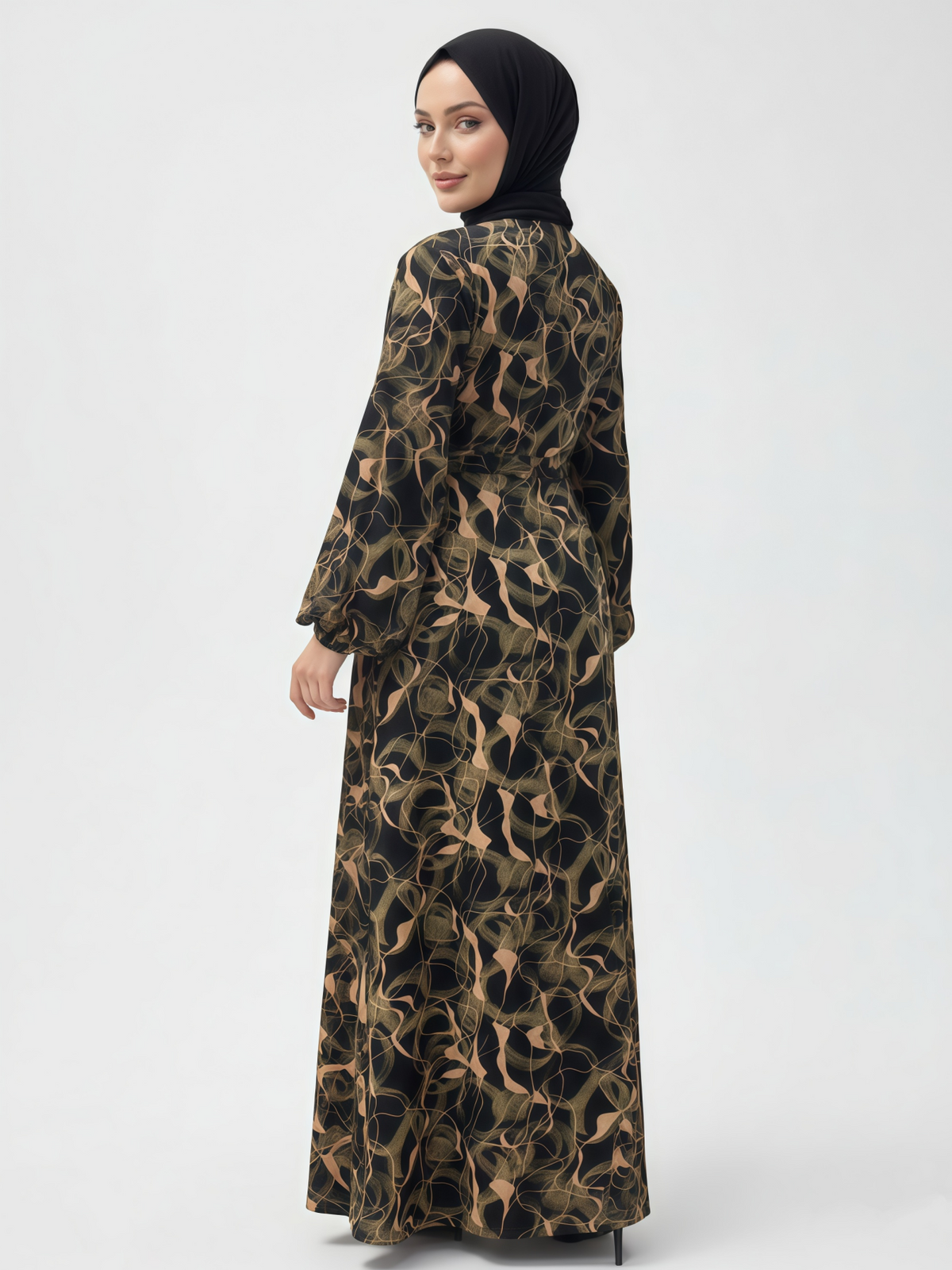 FUMIDAR Rania Printed Belted Maxi Dress in Gold Swirl — view 3