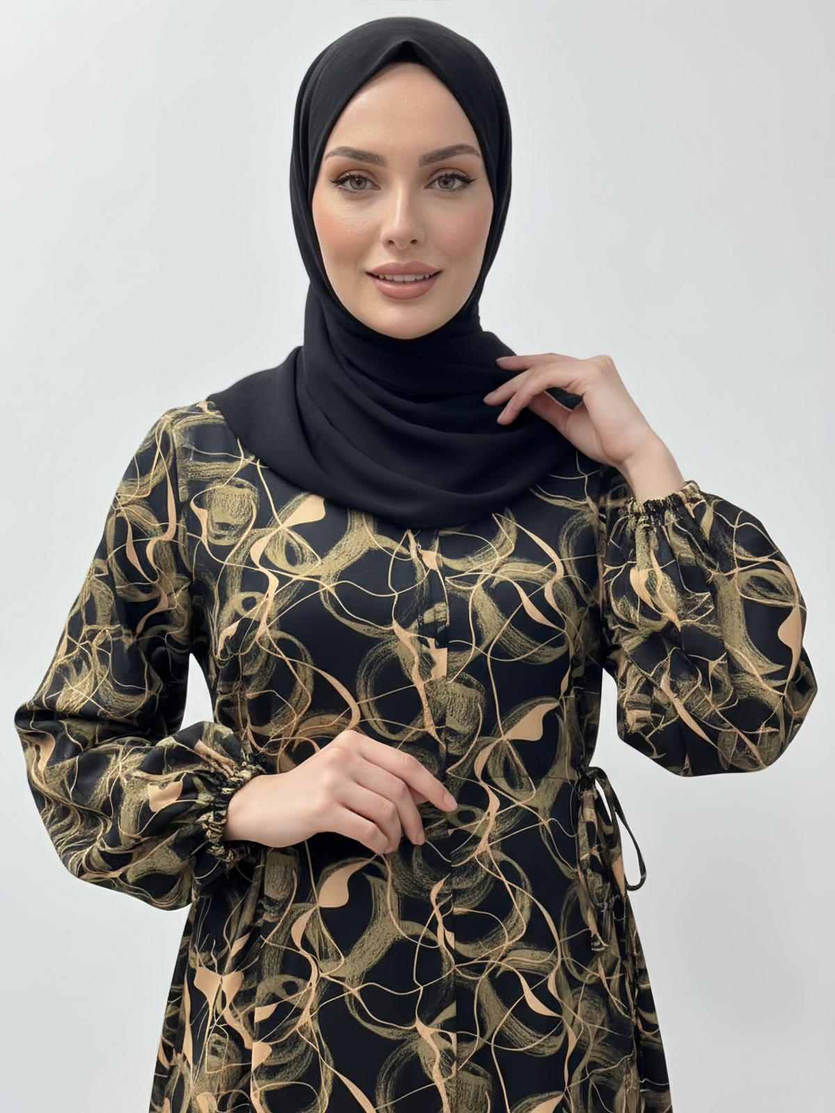 FUMIDAR Rania Printed Belted Maxi Dress in Gold Swirl — view 4
