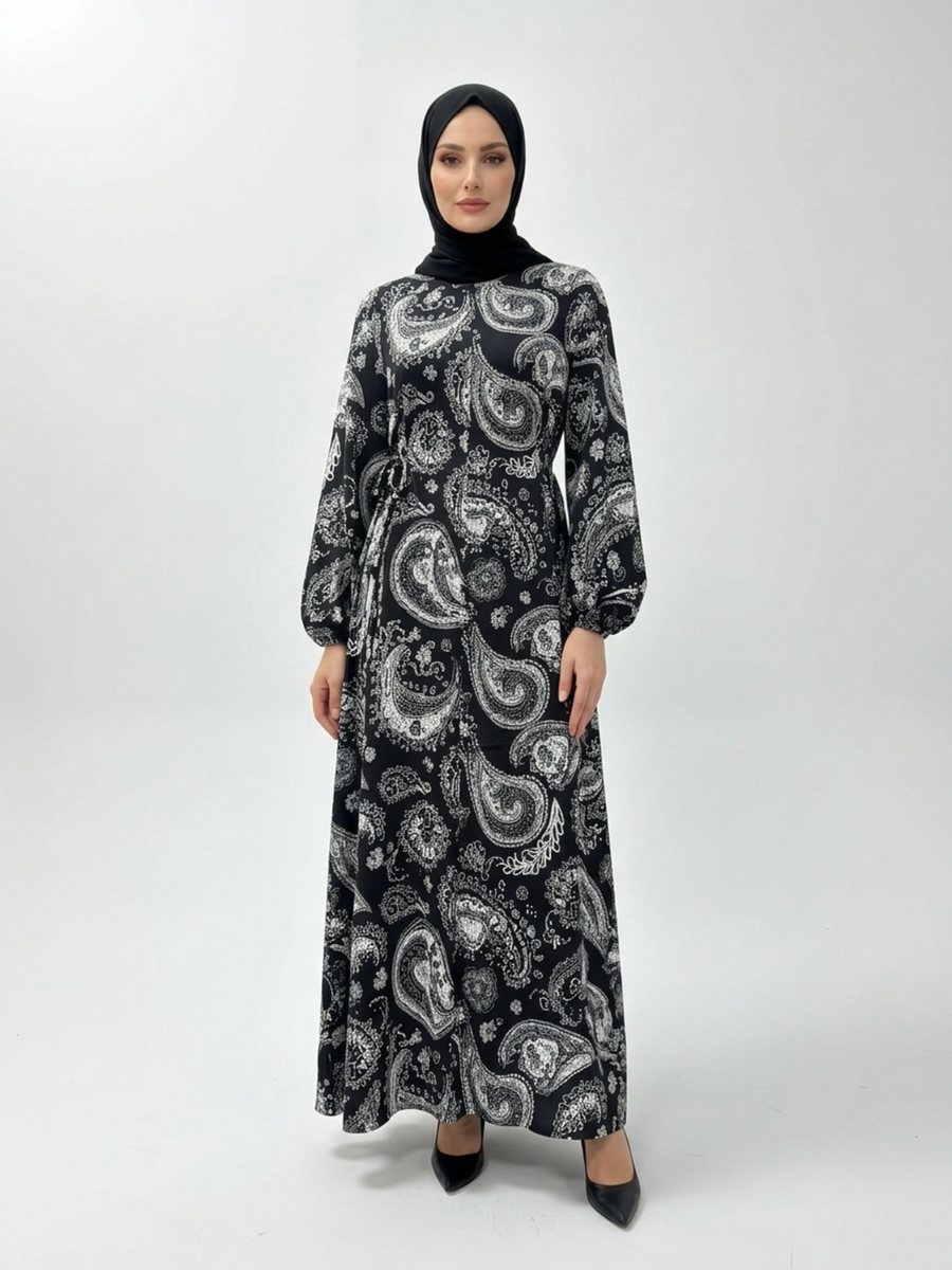 FUMIDAR Rania Printed Belted Maxi Dress in Silver Paisley — view 1