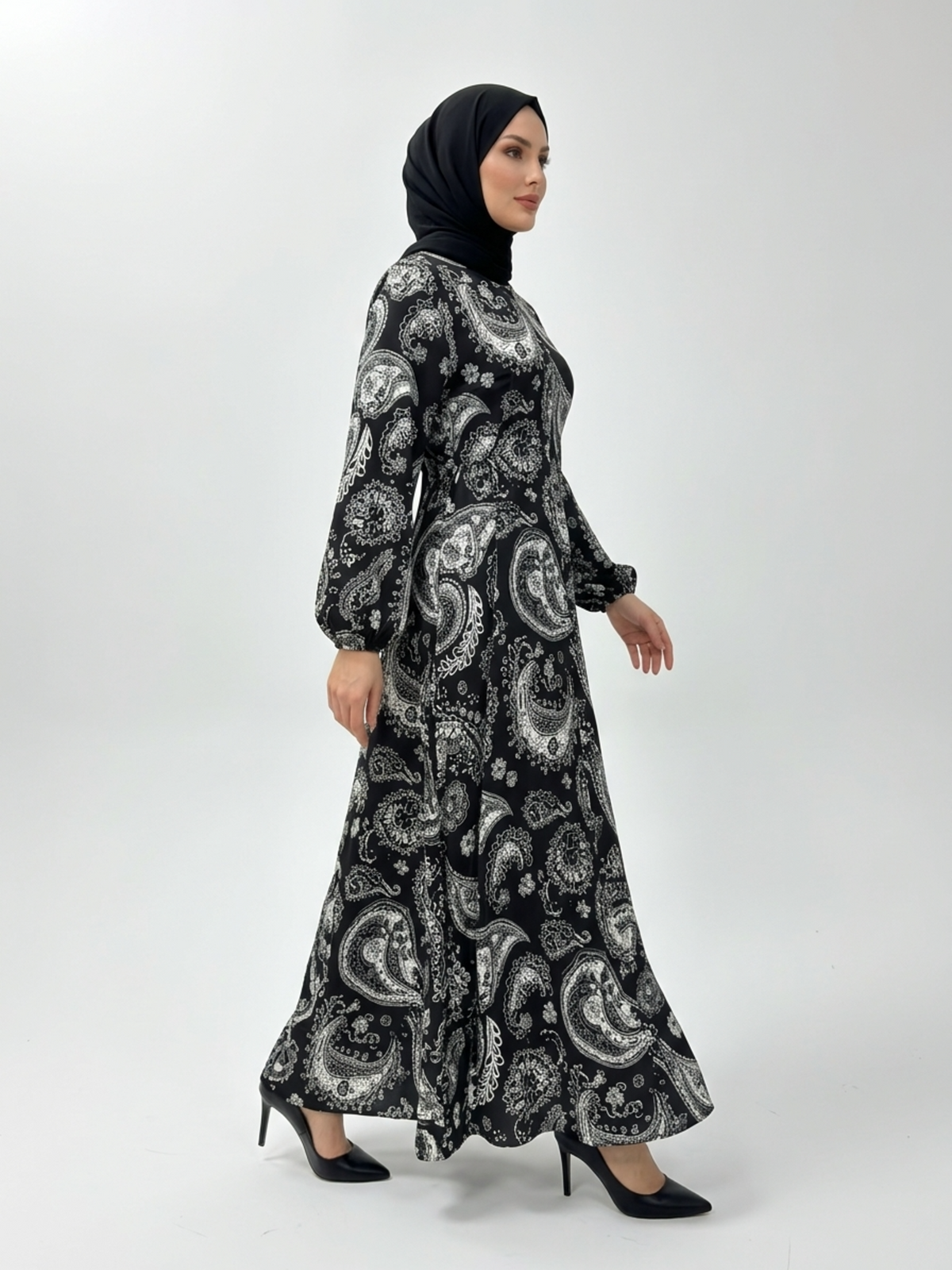 FUMIDAR Rania Printed Belted Maxi Dress in Silver Paisley — view 2