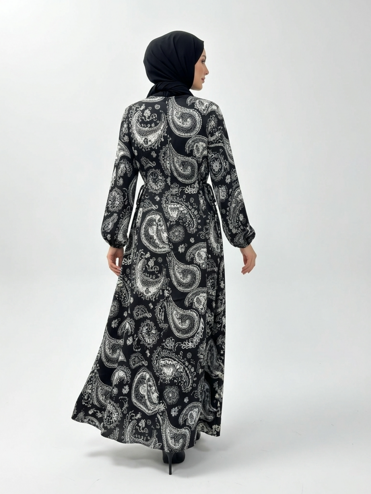 FUMIDAR Rania Printed Belted Maxi Dress in Silver Paisley — view 3