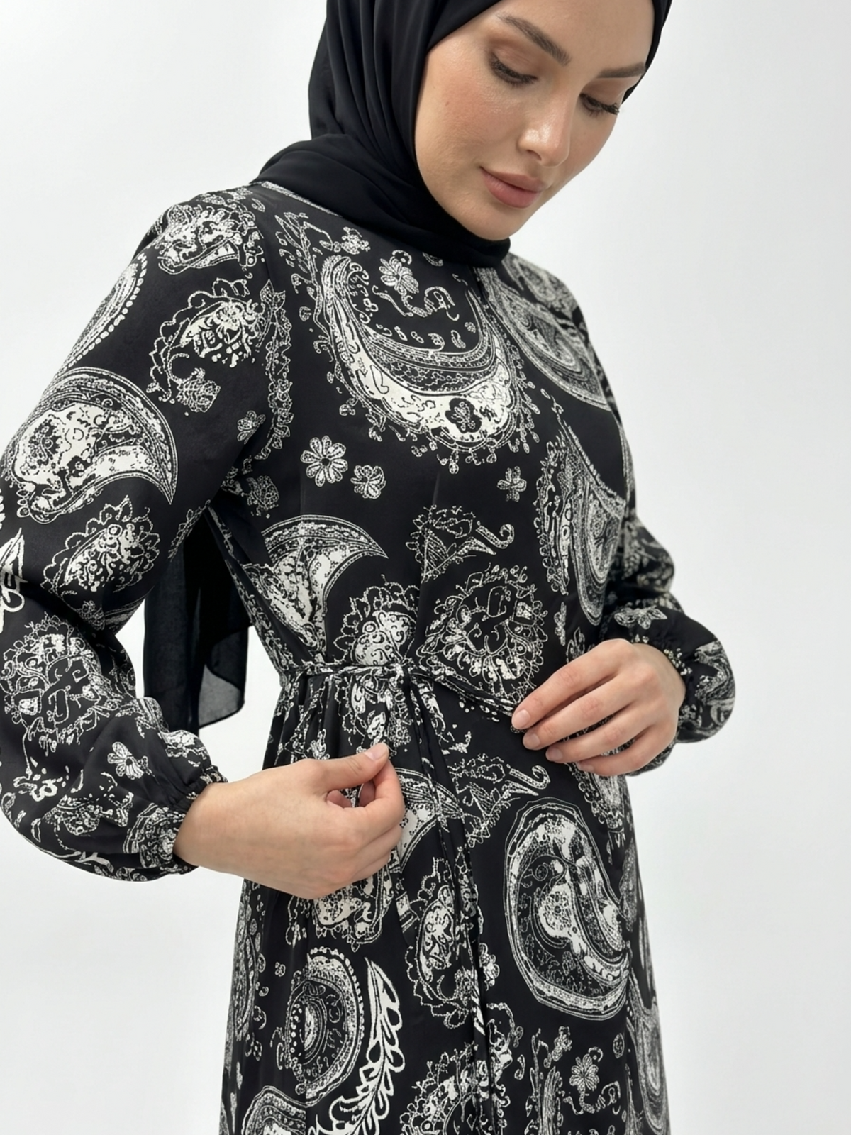 FUMIDAR Rania Printed Belted Maxi Dress in Silver Paisley — view 4