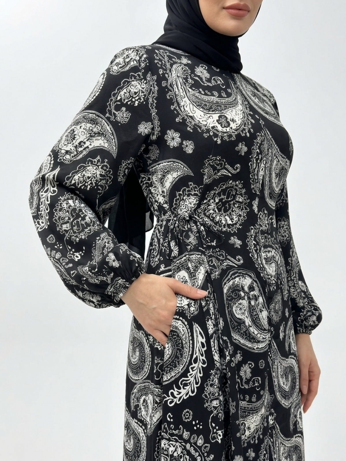FUMIDAR Rania Printed Belted Maxi Dress in Silver Paisley — view 5
