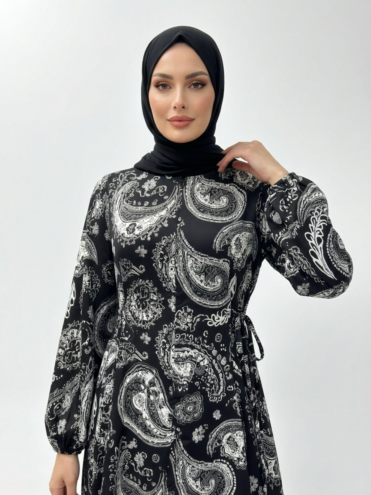 FUMIDAR Rania Printed Belted Maxi Dress in Silver Paisley — view 6