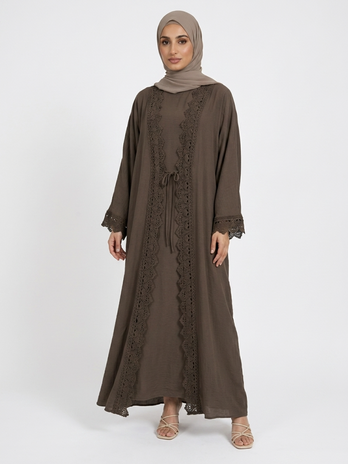 FUMIDAR Safa lace-trim open abaya set in Brown