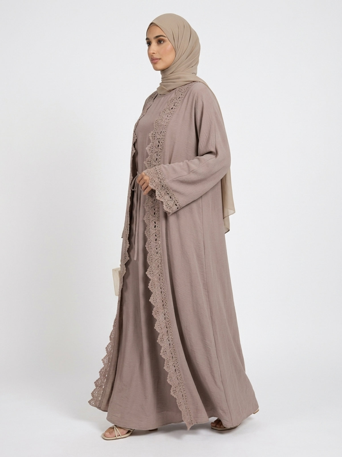 FUMIDAR Safa Lace-Trim Open Abaya Set in Khaki — view 2