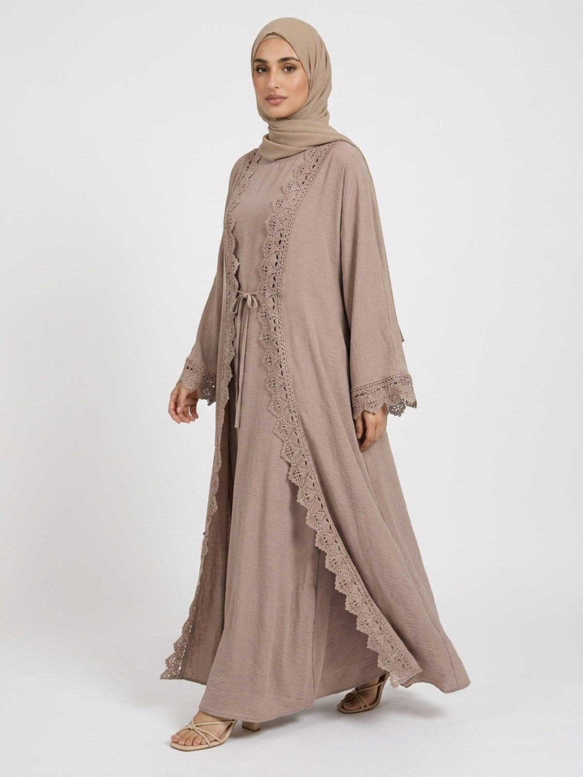 FUMIDAR Safa Lace-Trim Open Abaya Set in Khaki — view 3