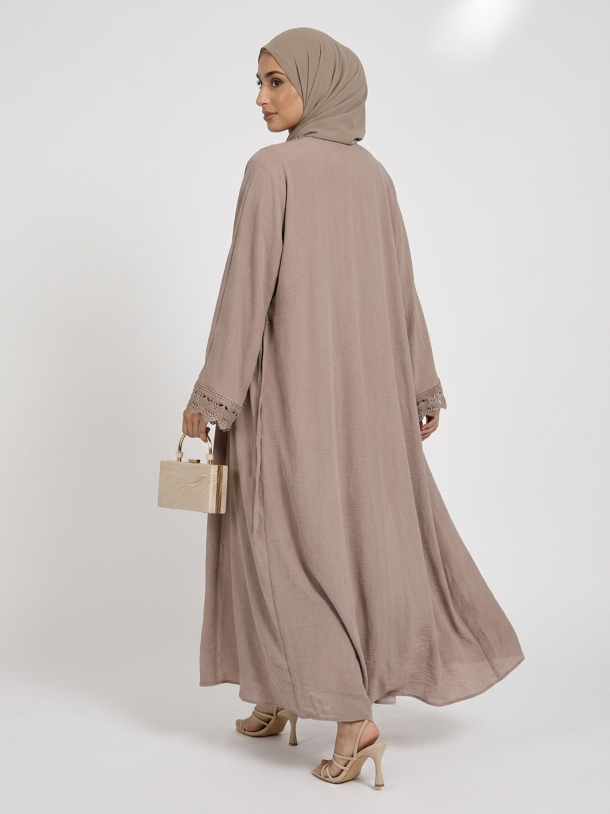 FUMIDAR Safa Lace-Trim Open Abaya Set in Khaki — view 4