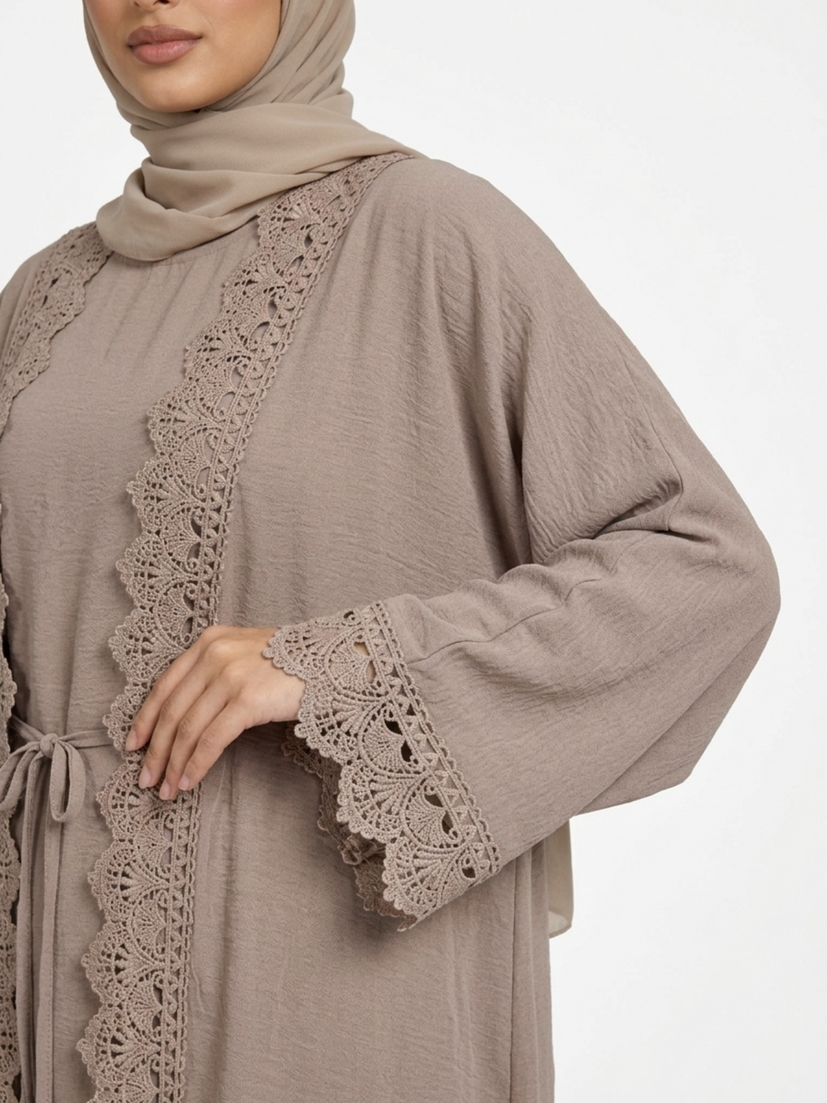 FUMIDAR Safa Lace-Trim Open Abaya Set in Khaki — view 5