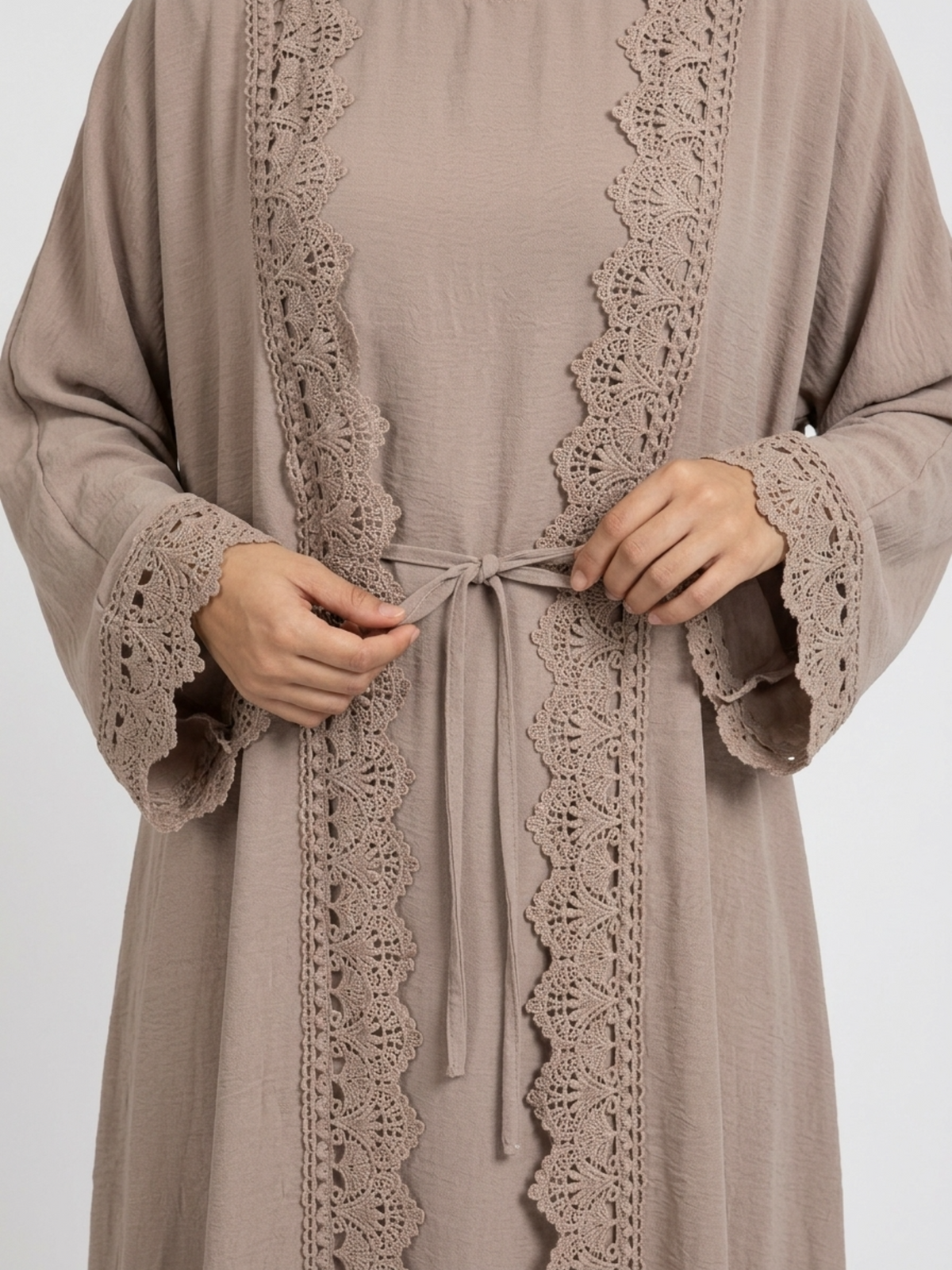 FUMIDAR Safa Lace-Trim Open Abaya Set in Khaki — view 6