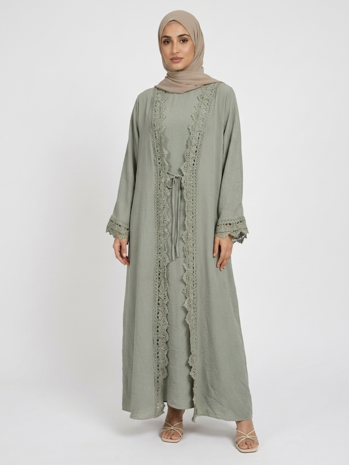 FUMIDAR Safa lace-trim open abaya set in Sage Green