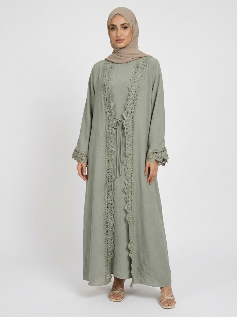 Safa Lace-Trim Open Abaya Set — Sage Green