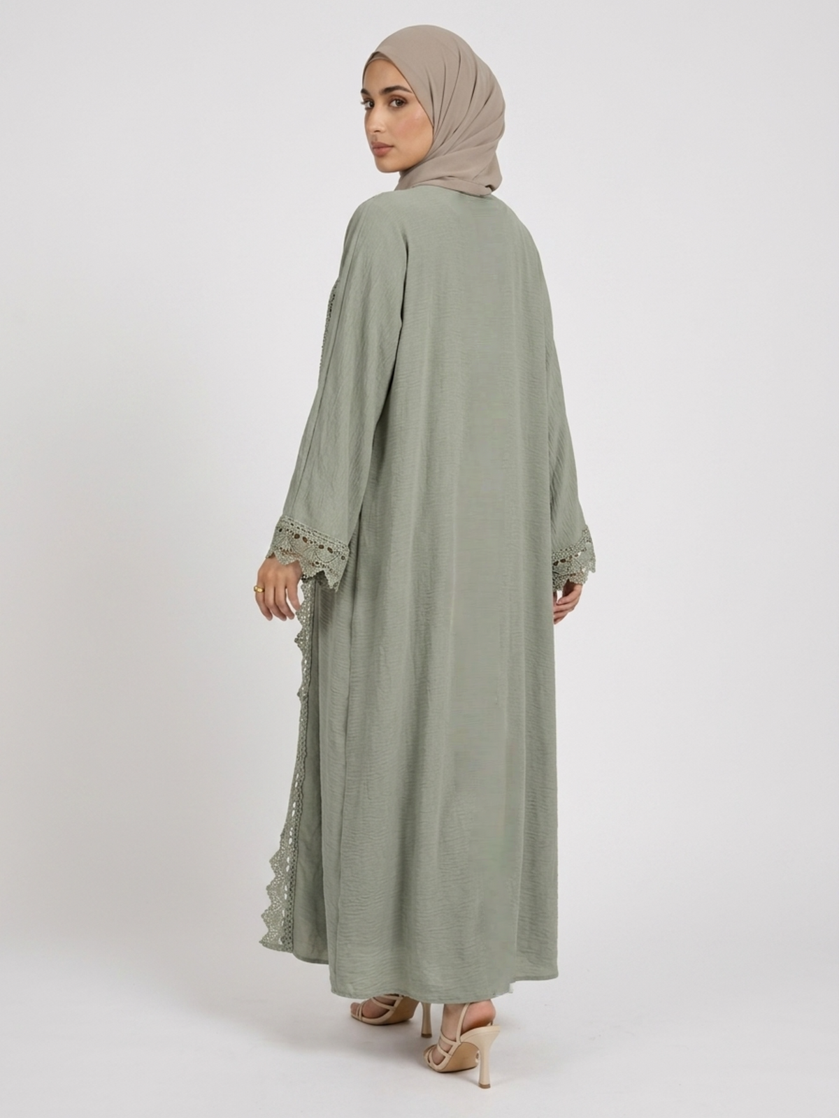 FUMIDAR Safa Lace-Trim Open Abaya Set in Sage Green — view 16