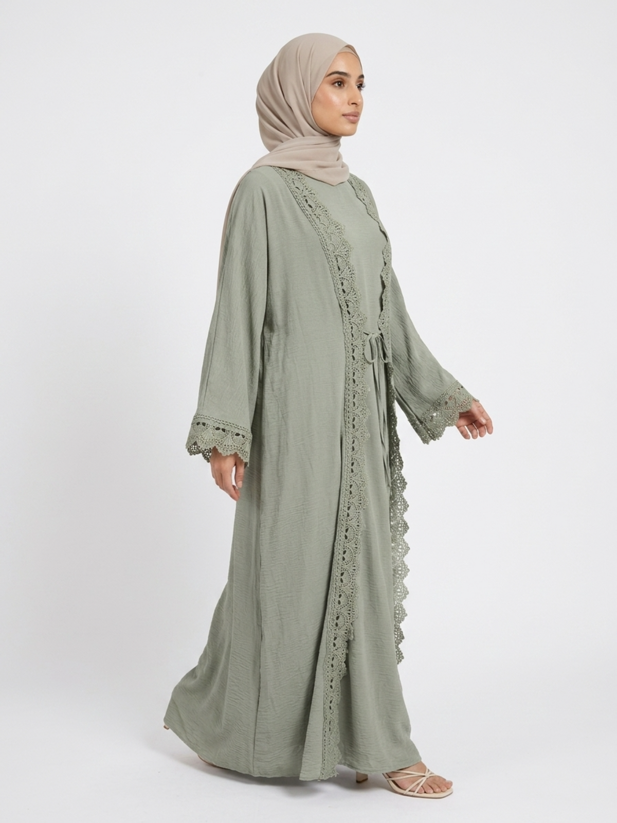 FUMIDAR Safa Lace-Trim Open Abaya Set in Sage Green — view 17