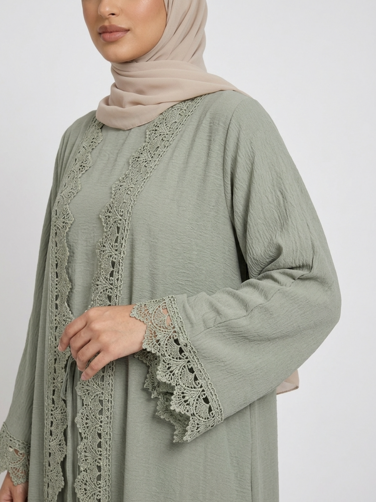 FUMIDAR Safa Lace-Trim Open Abaya Set in Sage Green — view 20