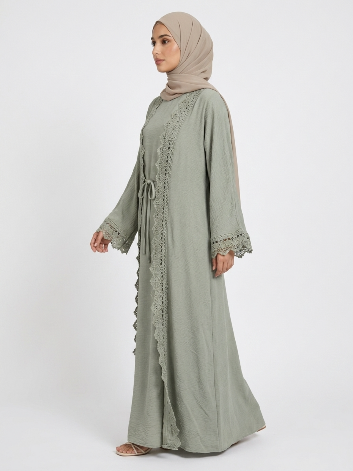 FUMIDAR Safa Lace-Trim Open Abaya Set in Sage Green — view 21
