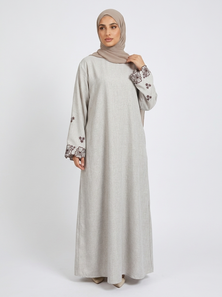Alya Embroidered-Cuff Abaya — Ivory