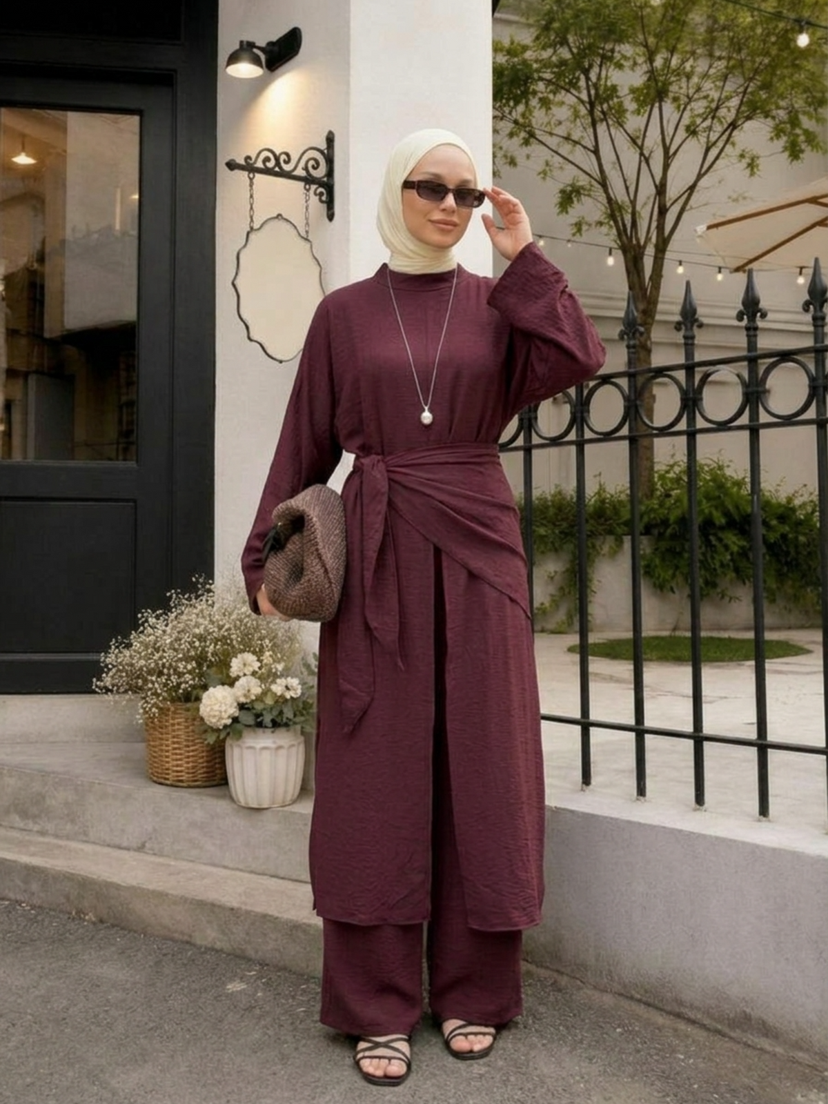 FUMIDAR Noura wrap-waist modest co-ord set in Burgundy