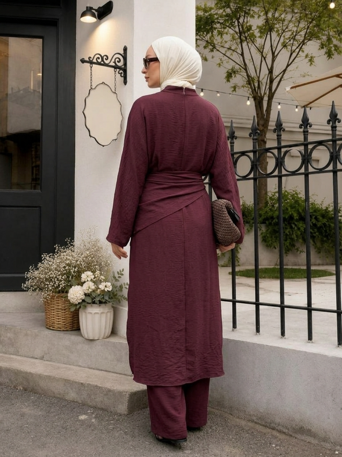 FUMIDAR Noura Wrap-Waist Modest Co-ord Set in Burgundy — view 2