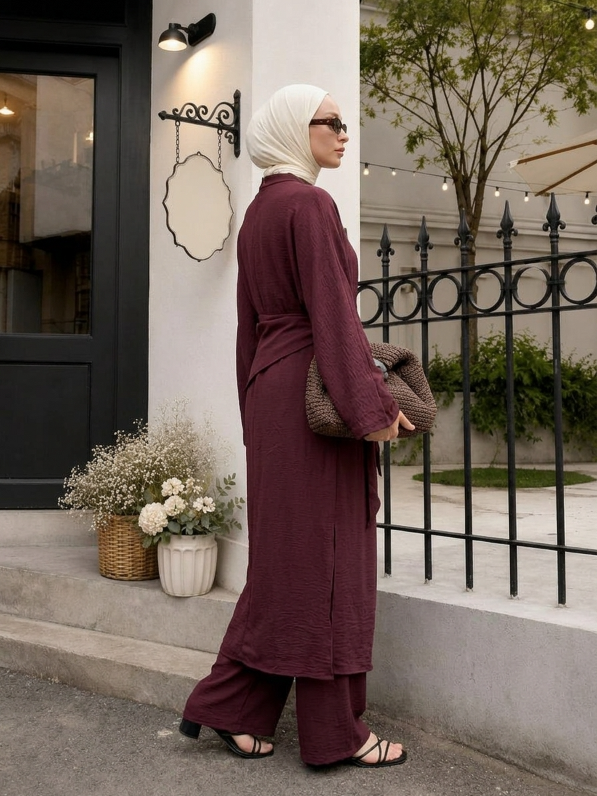 FUMIDAR Noura Wrap-Waist Modest Co-ord Set in Burgundy — view 3