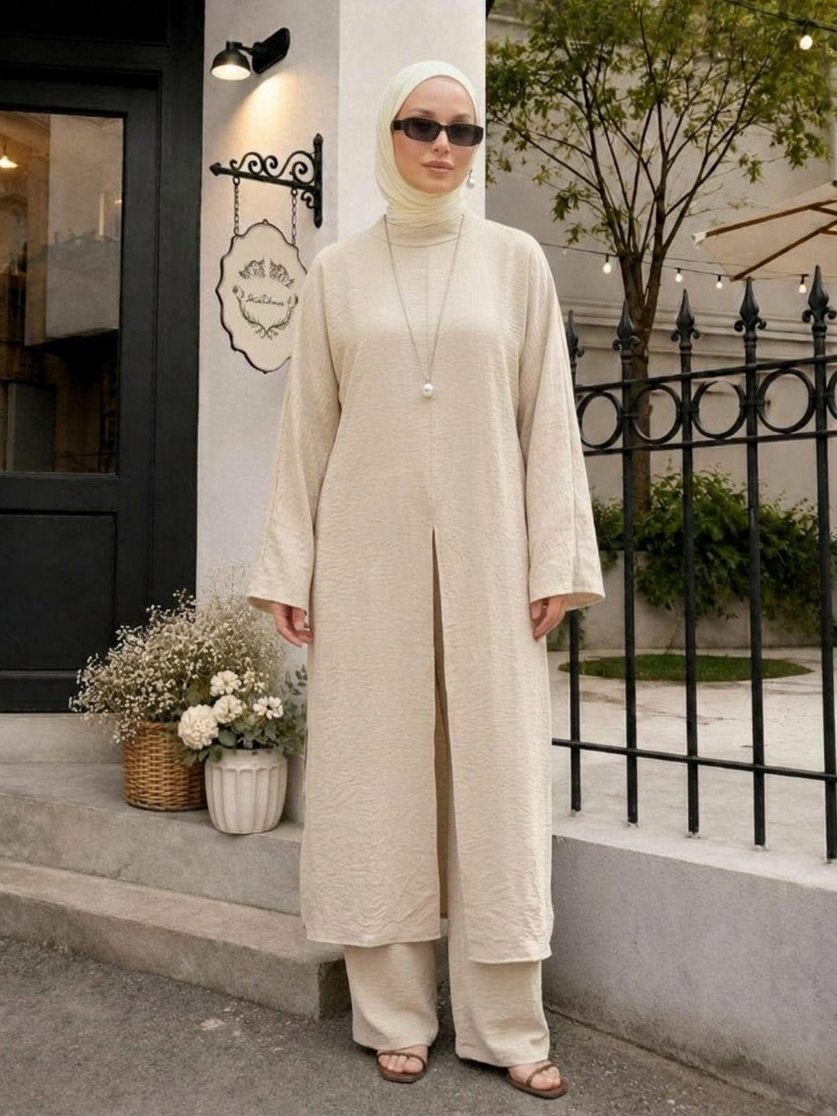 FUMIDAR Noura Wrap-Waist Modest Co-ord Set in Ivory — view 22