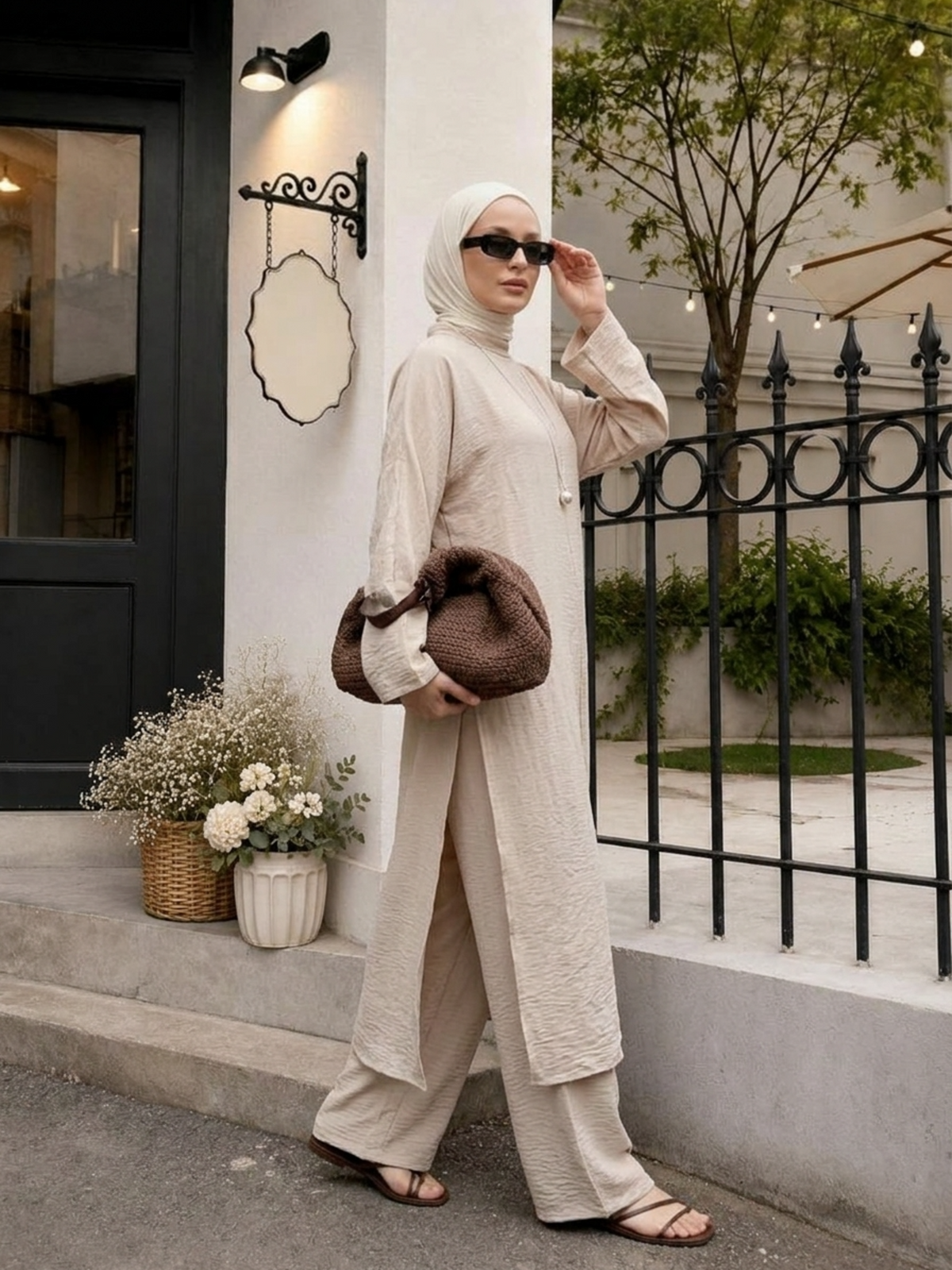 FUMIDAR Noura Wrap-Waist Modest Co-ord Set in Ivory — view 23