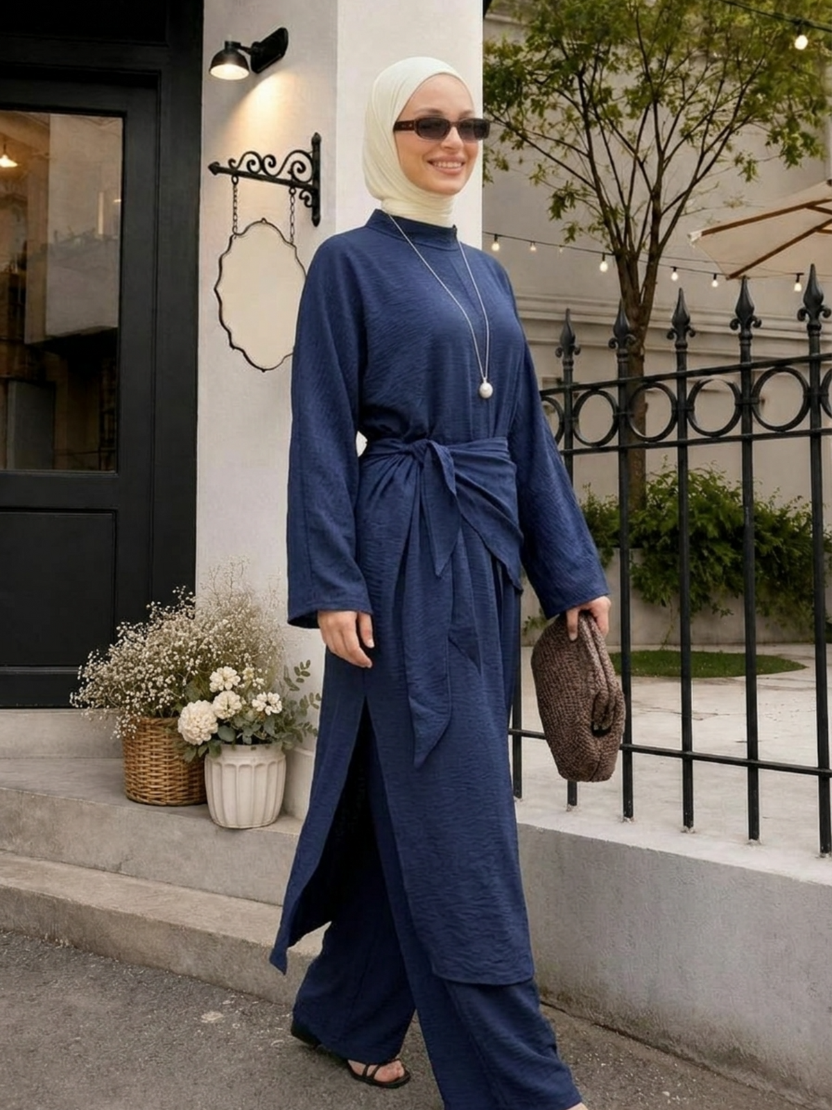 FUMIDAR Noura Wrap-Waist Modest Co-ord Set in Navy — view 14