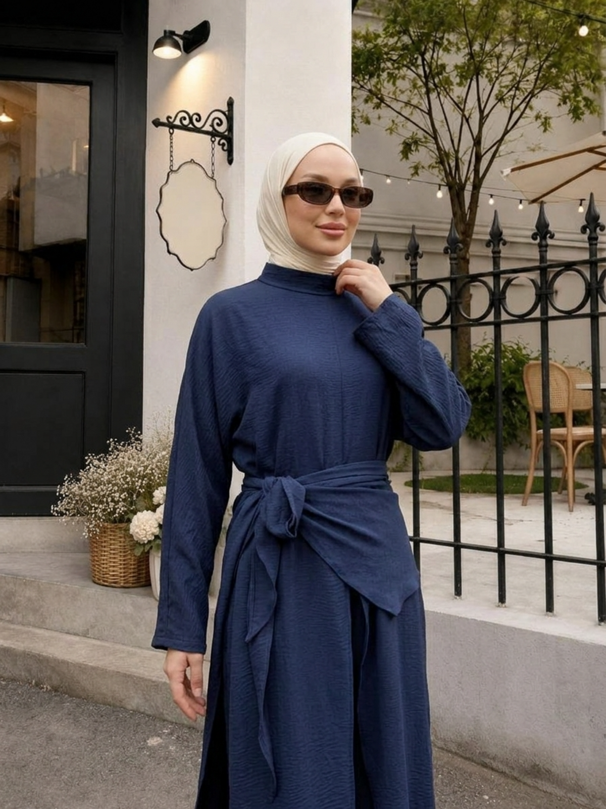 FUMIDAR Noura Wrap-Waist Modest Co-ord Set in Navy — view 16