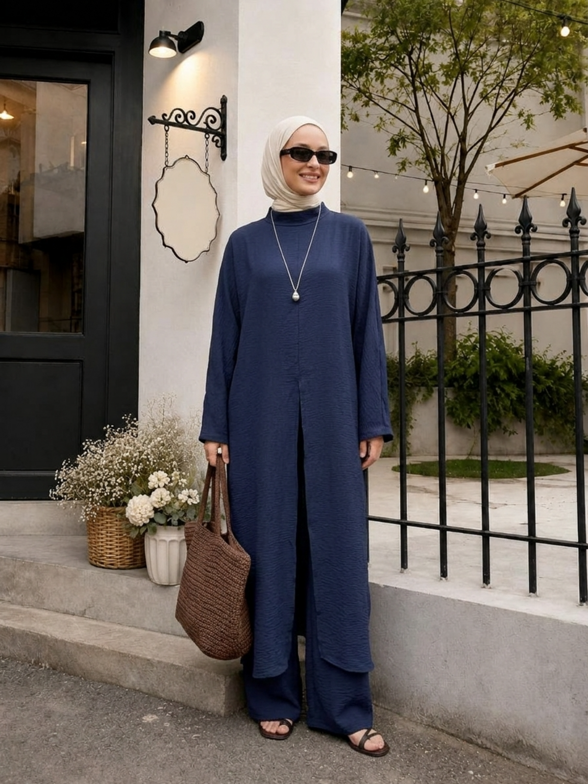 FUMIDAR Noura Wrap-Waist Modest Co-ord Set in Navy — view 19