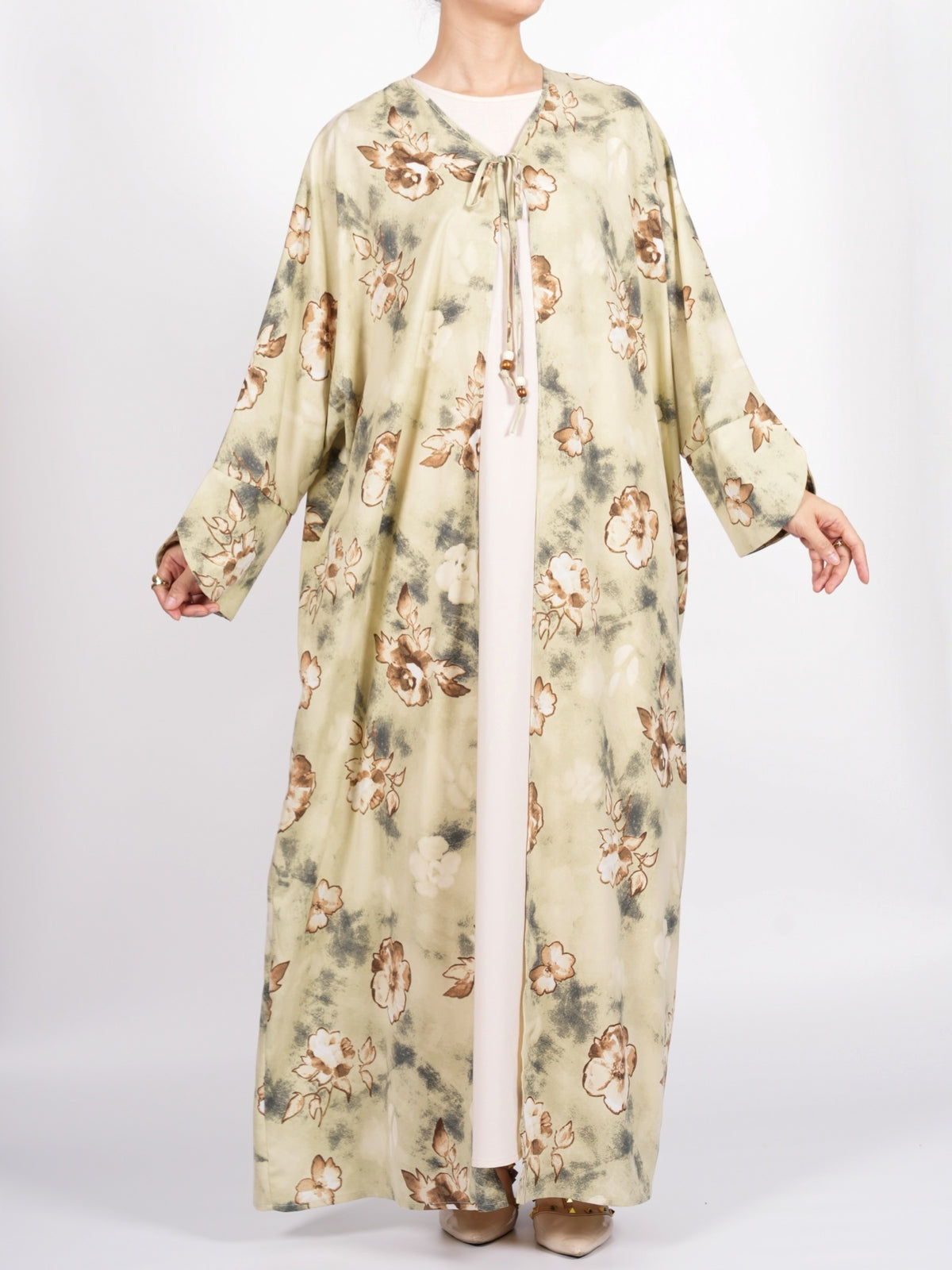 FUMIDAR Layla floral open kimono abaya in Khaki