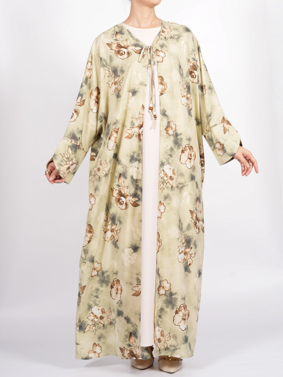 FUMIDAR Layla floral open kimono abaya in Khaki