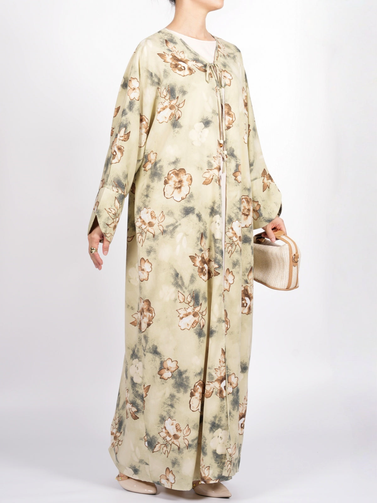 FUMIDAR Layla Floral Open Kimono Abaya in Khaki — view 3